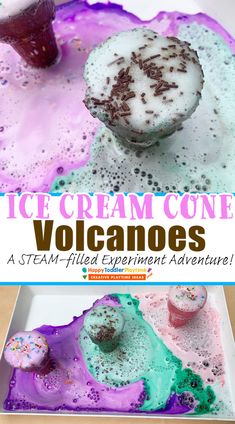 ice cream cone volcanos are an easy science project for kids to make and play