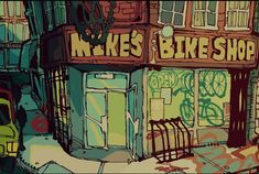 an image of a bike shop with graffiti on it