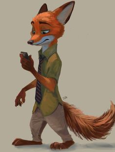 a drawing of a fox wearing a tie and holding a cell phone in his hand