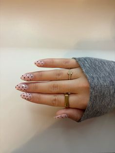 Polka dot nails Small Polka Dot Nails, Brown Nails With Dots, Nails With Spots, Nail Inspo Polka Dots, Poca Dot Nails, Dotted French Nails, Fall Dot Nails, Neutral Polka Dot Nails, Polka Dot Short Nails