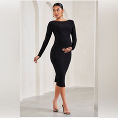 Crafted In Our Signature Stretch Jersey, Keep Comfort At The Forefront In Our Black Midi Embrace. Detailed By A Delicately Laced Cowl Back, This Maternity Dress Features Partial Ruching To Flatter Your Growing Figure. Perfect For Weddings, Date Nights Or Even Your Baby Shower, Embrace Is A Maternity Wardrobe Must-Have. Features - Premium Stretch Jersey - Bodycon Fit - Partially Ruched - Crew Neckline - Long Sleeves - Invisible Zip Closure - Self-Tie Cowl Back - Midi Length New With Tag Fitted Black Maternity Dress, Black Maternity Dress Bump Friendly, Maternity Black Dress Bump Friendly, Maternity Black Bump Friendly Dress, Maternity Black Bump-friendly Dress, Elegant Long Sleeve Maternity Dress, Bump Friendly, Elegant Long Sleeve Bump Friendly Maternity Dress, Black Bump Friendly Maternity Dress, Elegant Long Sleeve Bump Friendly Dress