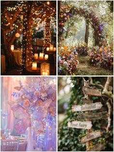 four different pictures with flowers and candles in them, one has a wooden sign that says welcome