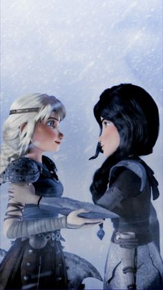 two animated women standing next to each other in the snow with one looking at another