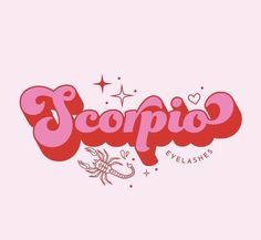 the word scopio is written in pink and red with stars on it, as if