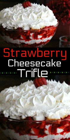 strawberry cheesecake trifle with whipped cream and strawberries