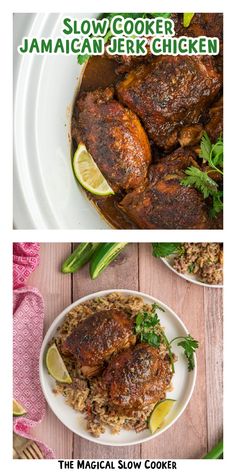 two pictures with different types of food on the same plate, one is chicken and the other has rice