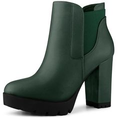 These boots are set on high and sturdy high-block heels that are walkable and will instantly perk up any outfit. Try pairing it with an oversized sweater and mini skirt for a chic day look. Made in a basic color that will add color to your ensembles, these platform faux leather Chelsea boots with stretchable sides are the perfect pair to take you through your day in style. Please check your size to make sure the item fits before ordering. Hunter Green Ankle Boots, Chunky Platform Heeled Boots For Workwear In Fall, Green Platform Boots For Fall, Green Heels For Workwear In Fall, Casual Green Platform Boots For Fall, Green Ankle-high Platform Boots For Winter, Trendy Green Heeled Boots For Fall, Trendy Green Heels For Fall, Green High Heel Boots For Winter