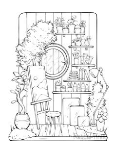 a black and white drawing of a chair in front of a bookshelf filled with plants