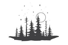 a black and white silhouette of pine trees with the moon in the sky above them