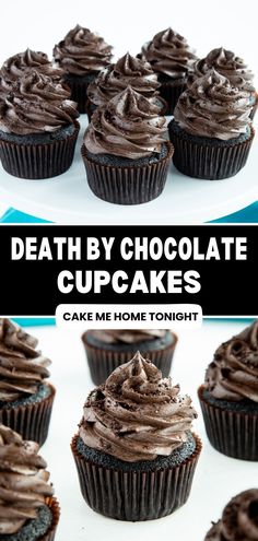 Death by chocolate cupcakes made with dark chocolate cake, chocolate pastry cream, and dark chocolate frosting. A decadent homemade chocolate cupcake recipe. Devils Food Cupcake Recipes, Dense Chocolate Cupcakes, Chocolate Frosted Cupcakes Decoration, Rich Chocolate Cupcake Recipe, Chocolate Cupcake Icing Ideas, Chocolate Chocolate Cupcakes, Fudge Chocolate Cupcakes, Chocolate Icing Cupcakes Decoration, Ultimate Chocolate Cupcakes