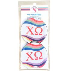 two buttons with the letters xo and qq on them in rainbow stripes, set of 2