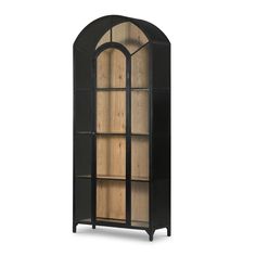 an arched glass display cabinet with wooden doors and shelves in black finish, on white background