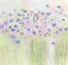 an abstract painting of purple flowers and green grass