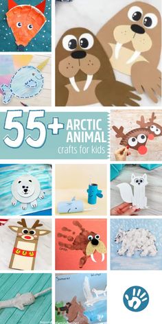 the cover of 55 + arctic animal crafts for kids with pictures of animals and their names