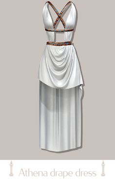 a white dress with an open back and straps on the bottom, in front of a gray background