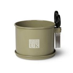 a grey pot with two forks in it and the words grown in the uk written on it