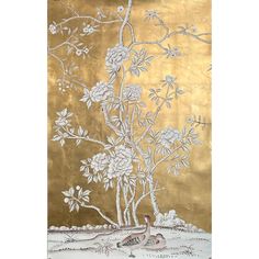 a painting with birds and flowers on it's gold foiled paper, in front of a golden background