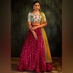 Magenta And White Lehenga With Yellow Dupatta Floral Embroidered And Beaded Blouse With Fun Gold Bead Trim The Skirt Is A Really Lovely Satin With Embroidered Detail And Fluted Bottom Size Roughly 12-14 (Custom Measured Blouse Can Be Altered So Size Very Flexible) Drawstring Skirt Would Easily Fit A Huge Size Range Cups In Blouse Can Easily Be Removed By Any Tailor No Cancan In Skirt Great For Indian Events, Wedding Guest, Sangeet New Lehenga Choli, Sequins Lehenga Choli, Latest Lehenga Designs, Satin Lehenga, Indian Wedding Lehenga, Floral Lehenga, Party Wear Lehenga Choli, Lehenga Online, Choli Designs