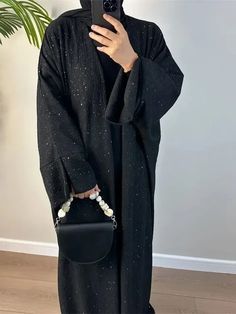 Winter Open Abaya for Women Kimono Muslim Abayas with Shining Powder Dubai Autumn Kebaya Modest Islam Outfit Kaftan Hijab Dress Kimono Hijab, Winter Abaya, Winter Kimono, Long Dress Patterns, Abaya Kimono, Open Abaya, Dubai Luxury, Muslim Outfits, Abaya Dress