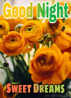 a vase filled with yellow flowers sitting on top of a table next to a sign that says, good night sweet dreams