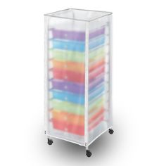 a multicolored drawer with wheels on the front and bottom sides is shown in this image