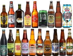 a bunch of different types of beer bottles