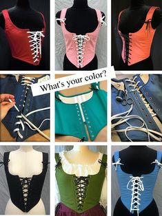 six different types of corsets on mannequins with the words what's your color?