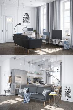 two pictures of the same living room and kitchen in different rooms, one with an open floor plan