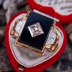 This fantastic antique mens ring features a single cut diamond set in a rectangular cut onyx tab, and it is crafted in two-tone 10k yellow gold. The ring is currently a size 10. Classic Rectangular Signet Ring Collectible, Classic Rectangular Collectible Signet Ring, Vintage Rectangular Signet Ring With Polished Finish, Antique Rectangular Ring With Polished Finish, Art Deco Rectangular Signet Ring With Polished Finish, Antique Rectangular Signet Ring For Anniversary, Classic Rectangular Signet Ring With Diamond Accents, Art Deco Rectangular Signet Ring For Anniversary, Rectangular Art Deco Signet Ring For Anniversary