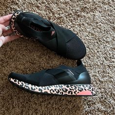 Black With Pink Animal Print Sole Never Worn Black Stretch Sneakers With Round Toe, Black Stretch Slip-on Sneakers, Black Stretch Synthetic Sneakers, Pink Animal Print, Pink Animals, Shoes Adidas, Adidas Ultra Boost, Ultra Boost, Adidas Black