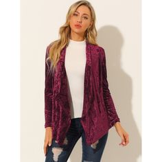 In a regular-fit cropped design and fully lined for comfort, this can easily take you from day to night. Day-to-night cardigan for everyday fashion Layer yours over a camisole and jeans. Modern and classic, this cardigan style with soft velvet fabric. This is a perfect velvet cardigan that works well with a dress or worn with jeans and a camisole for an elegant vintage look. Casual Open Front Cardigan For Night Out, Lightweight Open Front Cardigan, Layering Cardigan, Cardigan Shawl, Velvet Cardigan, Peter Pan Collar Shirt, Fall Cardigan, Slim Fit Crop Top, Women's Cardigans