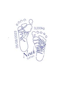 a drawing of a pair of shoes with the name noah written in blue ink on a white background