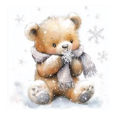 a brown teddy bear wearing a scarf and holding a snowflake in its paws