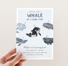 a hand holding up a card that says whale of a good time with an image of dolphins