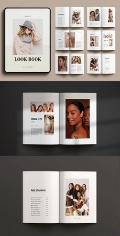 an open book with photos and text on the cover is shown in three different positions