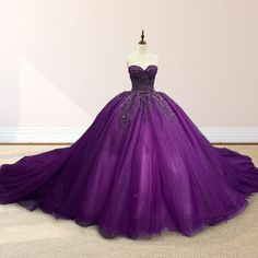 Details: Silhouette: Ball Gown Style Fabric: Lace Fabric Color: Purple Color Length: Chapel Train Neckline: Sweetheart Neckline Sleeves: Sleeveless Back: Corset Back Embellishment: Appliqued, Beadings Ball Gowns Green, Elegant Purple Quinceanera Dress With Sweetheart Neckline, Purple Tulle Ball Gown Quinceanera Dress, Purple Sweetheart Neckline Ball Gown In Tulle, Purple Tulle Quinceanera Ball Gown Dress, Purple Tulle Quinceanera Ball Gown, Lavender Prom Dresses, Prom Dress Trends, Royal Blue Prom Dresses