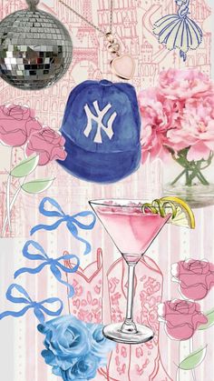 a pink and blue painting with flowers on the bottom, an image of a baseball cap hanging from it's side