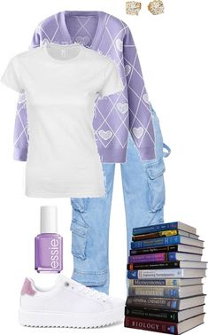 lavender cardigan college fit Outfit | ShopLook Lavender Outfit, Lavender Cardigan, College Fits, Gold Diamond Earrings Studs, Long Sleeve Knitted Cardigan, Cute Cardigans, Cargo Jeans, Printed Sweater