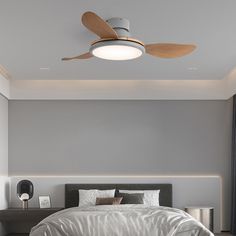 a bedroom with a bed and ceiling fan