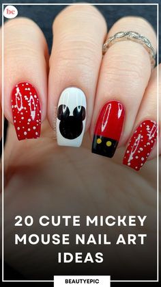 Nail art takes you to a whimsical world of fun and style. This time, we bring you 20 enchanting Mickey Mouse Nail Designs to bring out the child in you. Nail Ideas Mickey Mouse, Disney Nails Christmas Mickey Mouse, Mickey Inspired Nails, Disney Christmas Nail Art Designs, Classy Disney Nails Simple, Disney Themed Nails Short, Mickey Mouse Gel Nails, Disney Nails New Years, Disney Epcot Nails