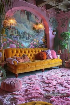 a living room decorated in pink and yellow with lots of flowers on the wall behind the couch