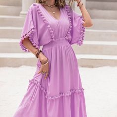 Shipping 4-6 Days Features: Tassel, Smocked Sheer: Opaque Stretch: No Stretch Body: Not Lined Material Composition: 100% Viscose Care Instructions: Machine Wash Cold. Tumble Dry Low. Imported Product Measurements: S: Front Length 50.3 In, Shoulder 11.3 In, Bust 44.9 In, Waist 21.1-43.3 In, Hip 48.8 In M: Front Length 51.1 In, Shoulder 11.6 In, Bust 46.4 In, Waist 22.6-44.9 In, Hip 50.3 In L: Front Length 51.9 In, Shoulder 12.1 In, Bust 48.8 In, Waist 25-47.2 In, Hip 52.7 In Xl: Front Length 52.7 V-neck Maxi Dress With Smocked Cuffs, V-neck Vacation Dress With Tassel Ties, Bohemian V-neck Dress With Smocked Back, Spring V-neck Dress With Smocked Cuffs, Bohemian V-neck Dress With Smocked Bodice, Beach V-neck Smocked Dress, V-neck Maxi Dress With Tassel Ties For Vacation, Chic V-neck Smocked Beach Dress, Bohemian Dresses With Smocked Cuffs For Brunch