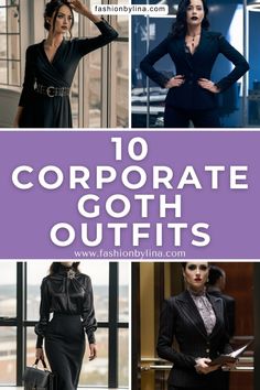 Embrace the dark side of fashion with these corporate goth outfits that exude confidence and authority. Perfect for making a stylish statement at the office. Black Weeding Dress, Corporate Goth Outfits, Goth Outfits Winter, Southern Gothic Fashion, All Black Outfit For Work, Corp Goth, Vampire Wedding