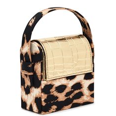 an animal print handbag is shown on a white background with black and gold accents