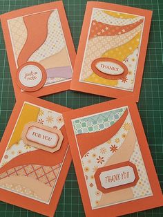 four handmade thank you cards on a cutting board