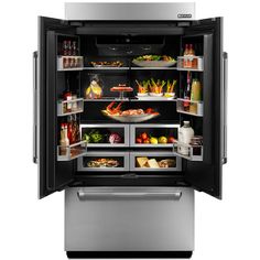 an open refrigerator with its door wide open and food in the freezer compartment on both sides