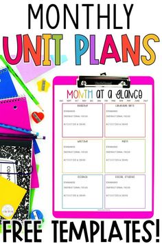 a clipboard with the text free printables for month - by - month unit plans