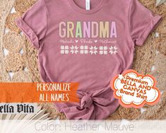 Welcome to our personalized Grandma Shirt collection! Our Bella and Canvas 30001 t-shirt is not just a garment; it's a canvas for cherished memories. Crafted with comfort and quality in mind, this shirt is perfect for expressing your love for Grandma in a unique and meaningful way. Here's what makes our shirt special: Personalization: Make it truly one-of-a-kind by adding Grandma's chosen name (Granny, Gigi, Nana) along with her beloved children's names. Simply enter the names at checkout, and w Customizable Pink Graphic Tee, Customizable Pink Tops With Letter Print, Customizable Multicolor Cotton T-shirt, Children Names, Quilt Shirt, Gigi Shirts, Grandma Shirt, Personalized Grandma, Grandma Shirts