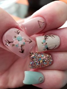 Fall Country Nail Designs, Country Style Nails Acrylic, Cow Print And Cactus Nails, Finger Nail Painting Ideas, Nail Designs For September 2023, Southwest Nail Art, Fall Deer Nails, Antler Nails Design, Antler Nail Art