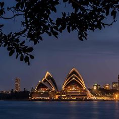 the sydney opera house lit up at night with lights reflecting off water and city buildings in the background